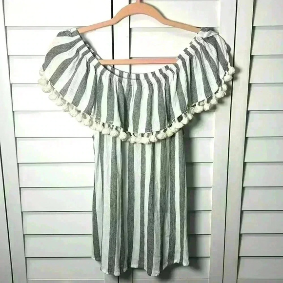 JODIFL Boho Off The Shoulder Sleeveless Pom Pom Fringe Tassel Top Size Large - Picture 7 of 8